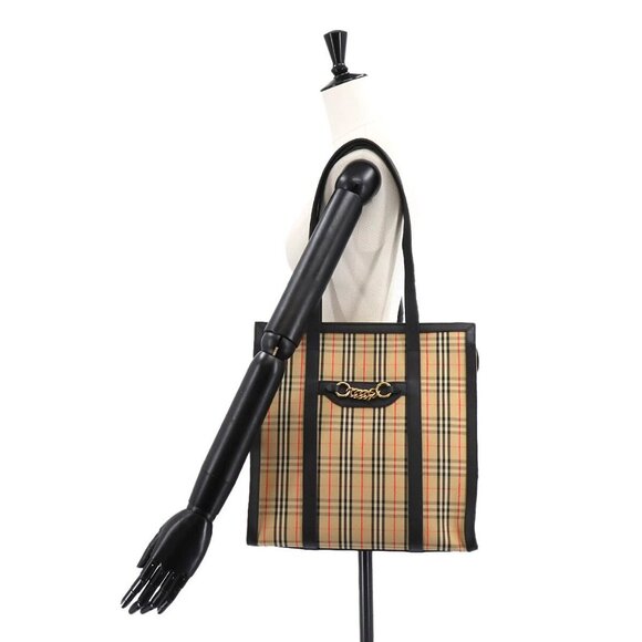 BURBERRY Plaid Tote Bag Canvas Leather Beige Black Red - Picture 1 of 15